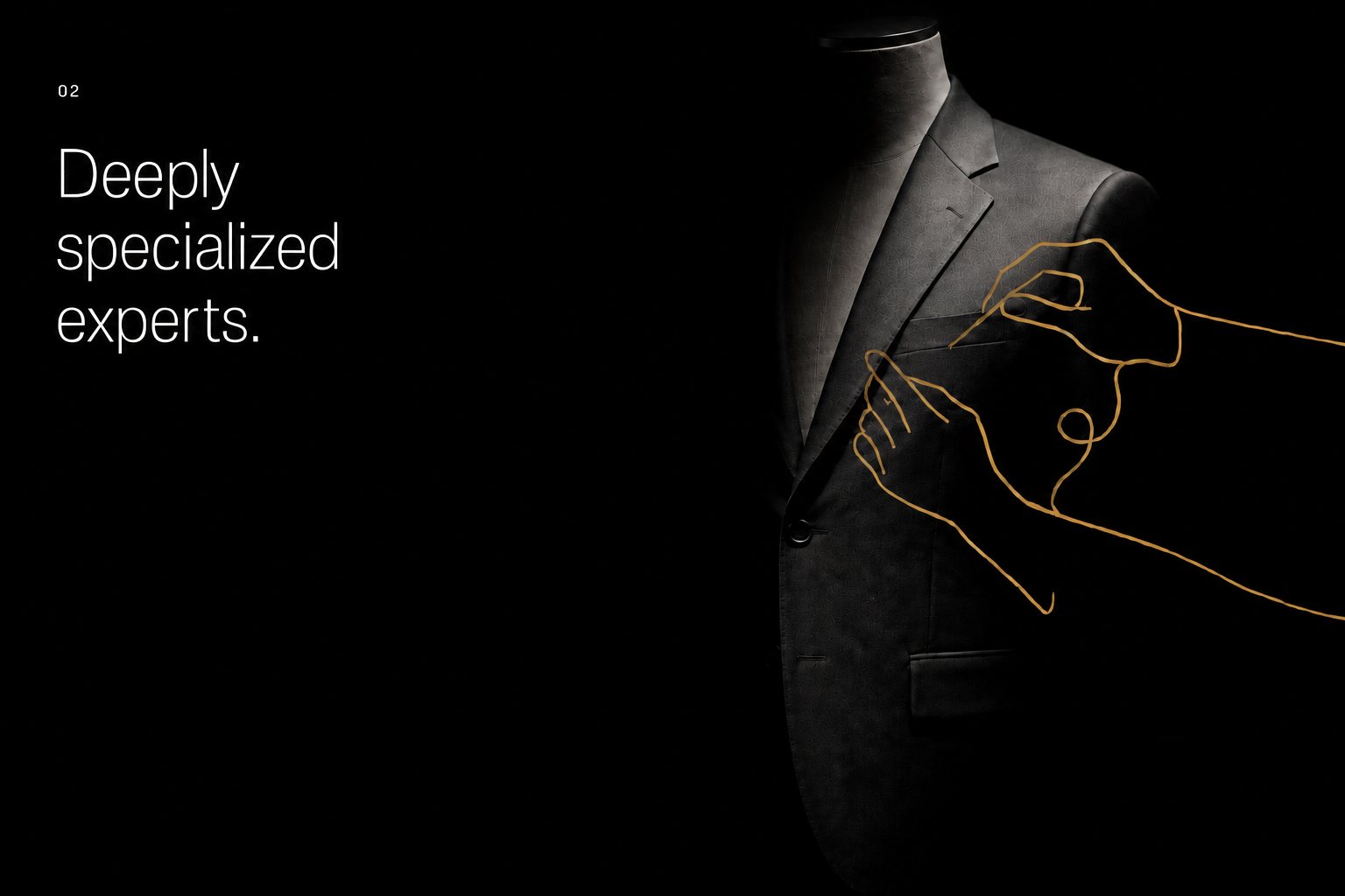 A jacket on a mannequin emerges from darkness, with gold line-art hands adjusting its lapel