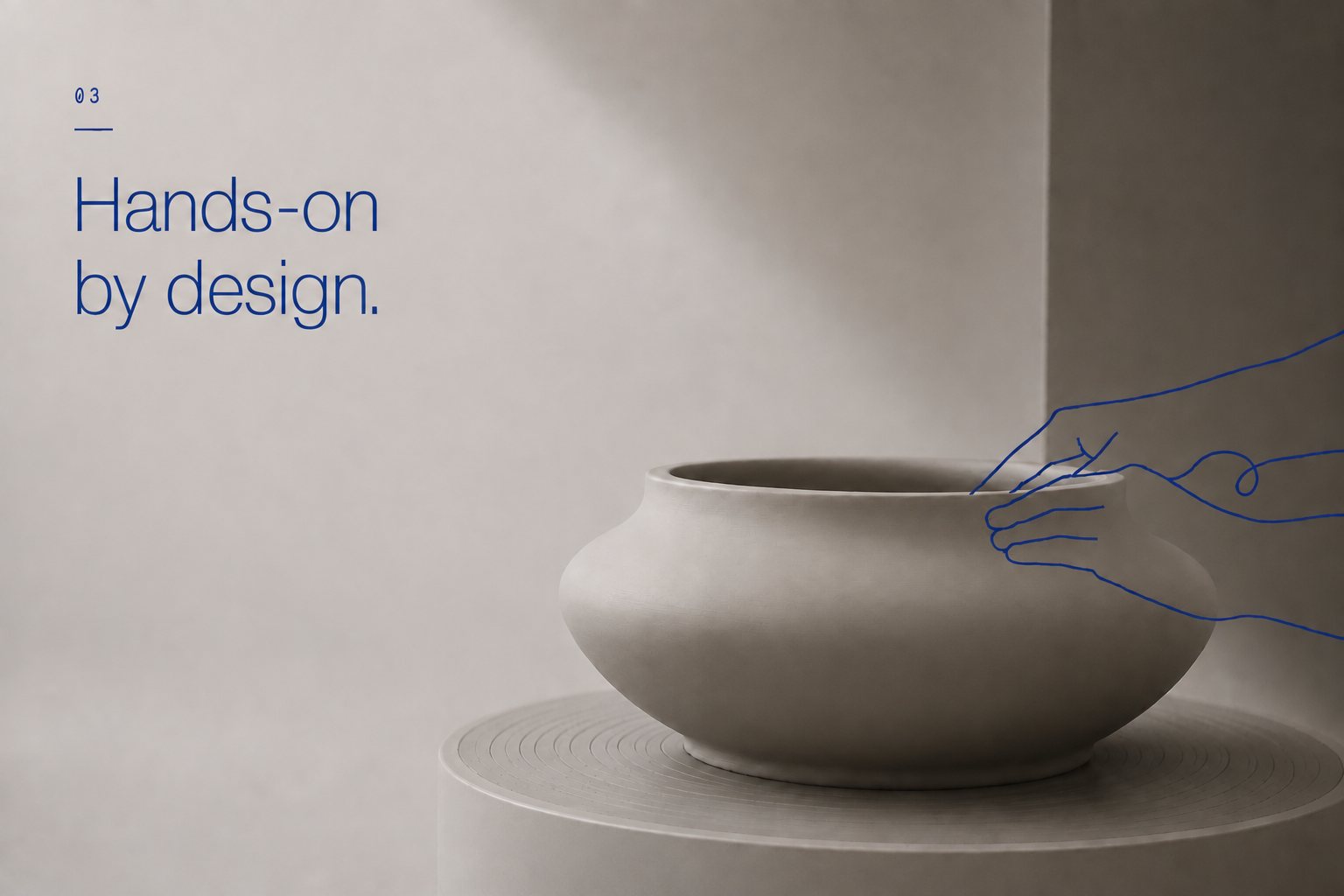 Royal-blue hand contours shape a clay vessel centered on a potter's wheel
