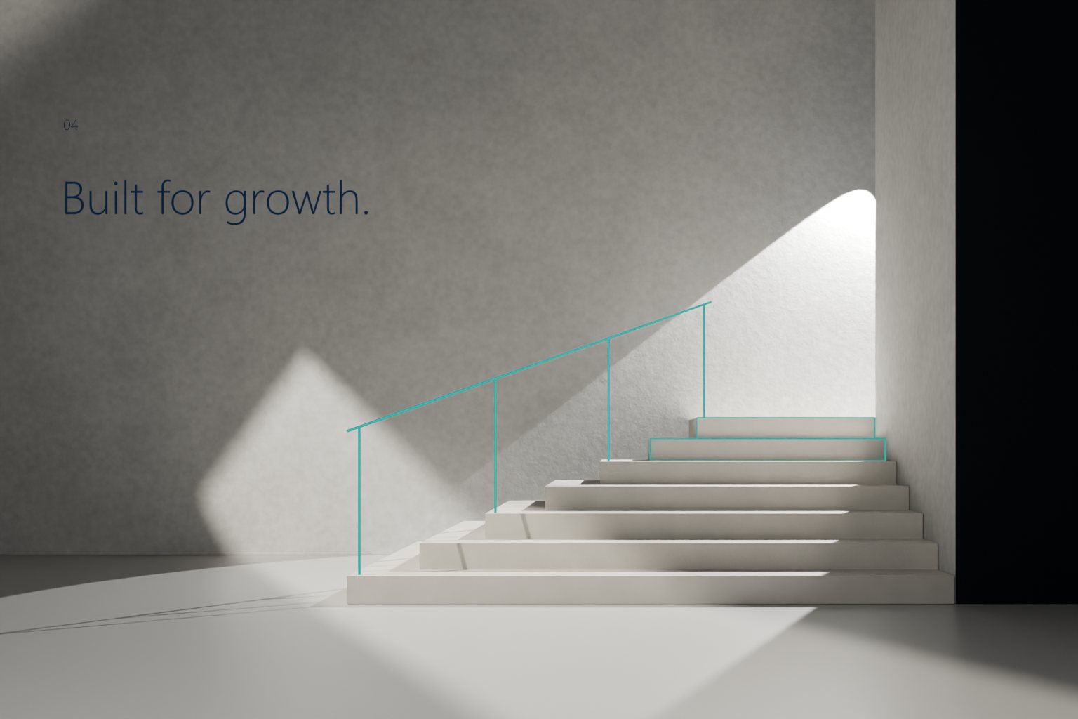 Sandstone steps rise towards a lit landing, guided by a teal handrail and teal step contours
